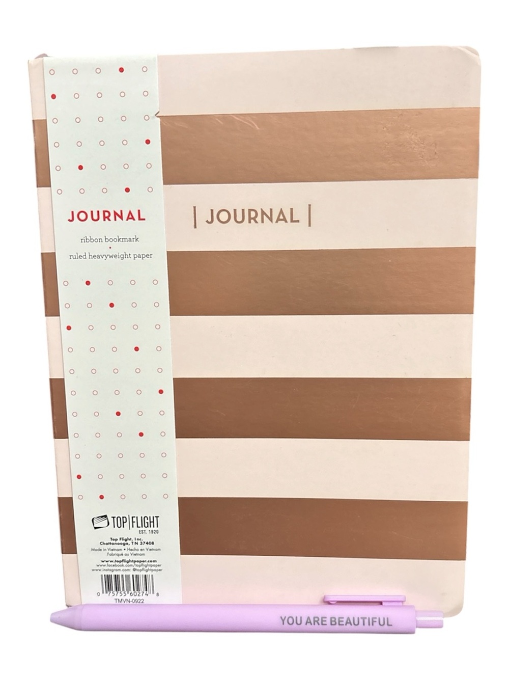 Striped Pink & Rose Gold Journal with Pen -